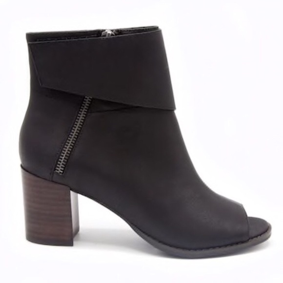 Shoes - Peep Toe Burnished Black Faux Leather Ankle Bootie